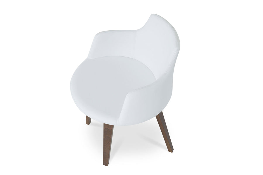 Dervish Plywood Chair by SohoConcept, showing angle view in white leatherette with american walnut veneer base.