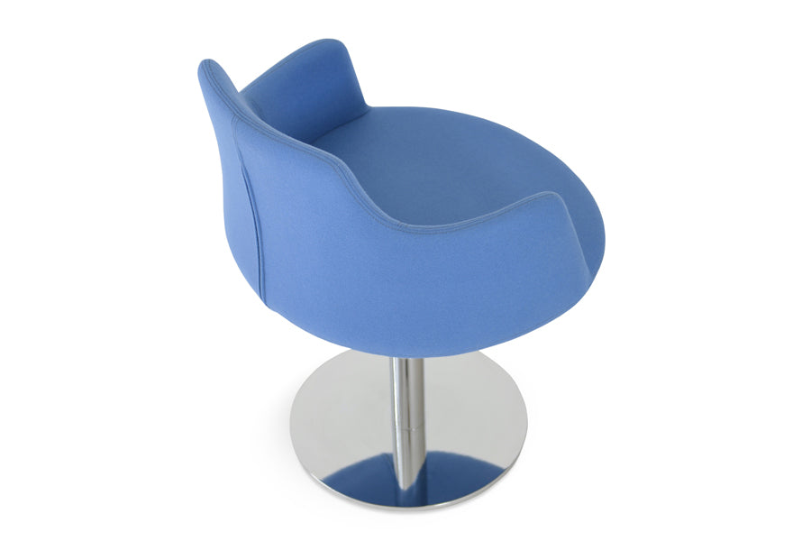 Dervish Round Swivel Chair by SohoConcept, showing angle view in camira blazer skyblue wool with polished stainless steel base.