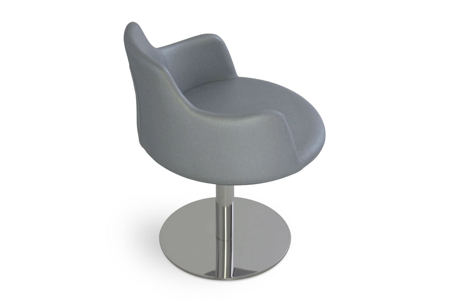 Dervish Round Swivel Chair by SohoConcept, showing angle view in COM fabric with polished stainless steel base.