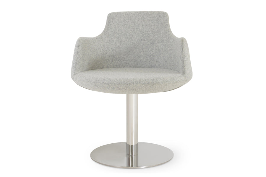 Dervish Round Swivel Chair by SohoConcept, showing angle view in camira blazer silver wool with polished stainless steel (bright) base.