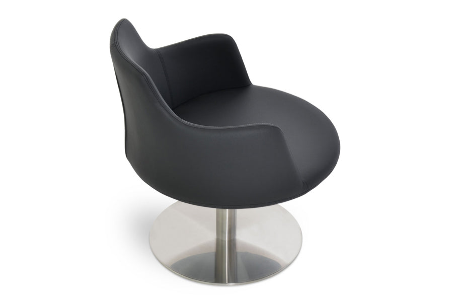 Dervish Round Swivel Chair by SohoConcept, showing angle view of small lounge in black leatherette.