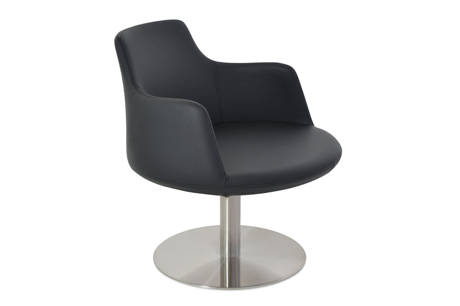 Dervish Round Swivel Chair by SohoConcept, showing angle view of small lounge in black leatherette.