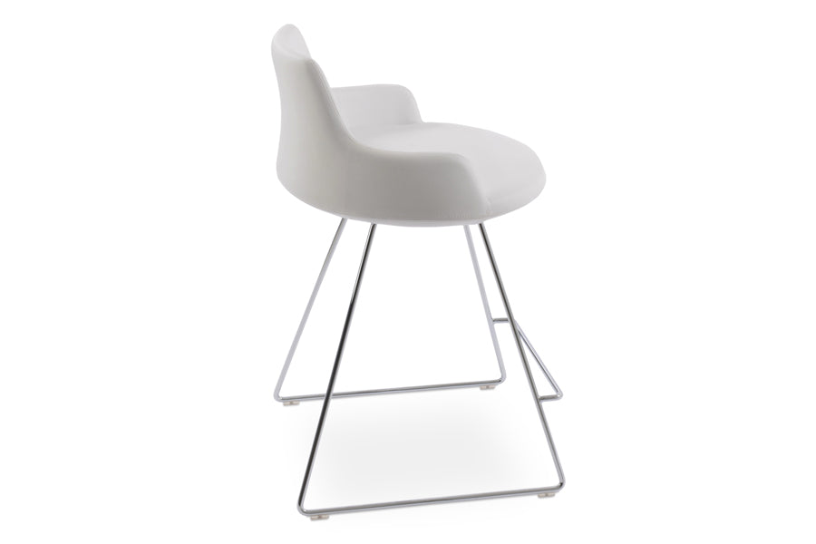 Dervish Wire Bar Stool by SohoConcept, showing side view in white leatherette with chrome wire base.