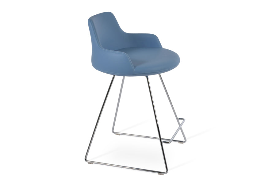 Dervish Wire Counter Stool by SohoConcept, showing angle view in blue leatherette with chrome wire base.