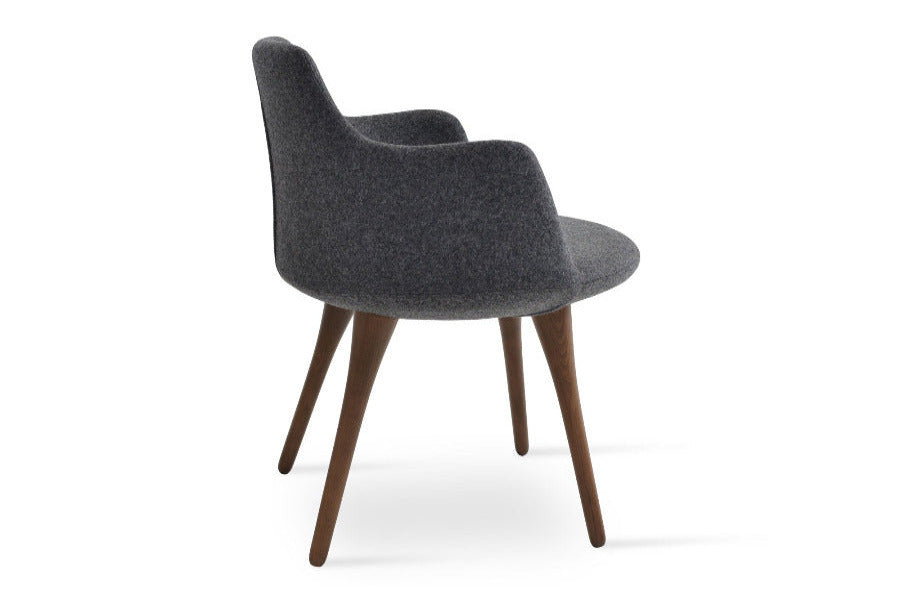 Dervish Wood Dining Chair by SohoConcept, showing angle view in camira blazer dark grey wool and walut base finish.