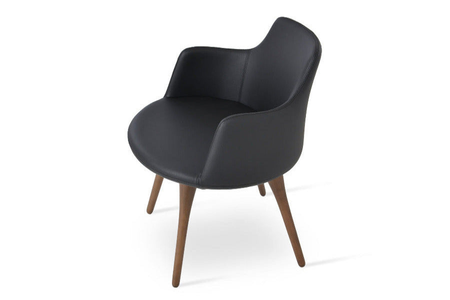 Dervish Wood Dining Chair by SohoConcept, showing angle view in black leatherette with walnut base finish.