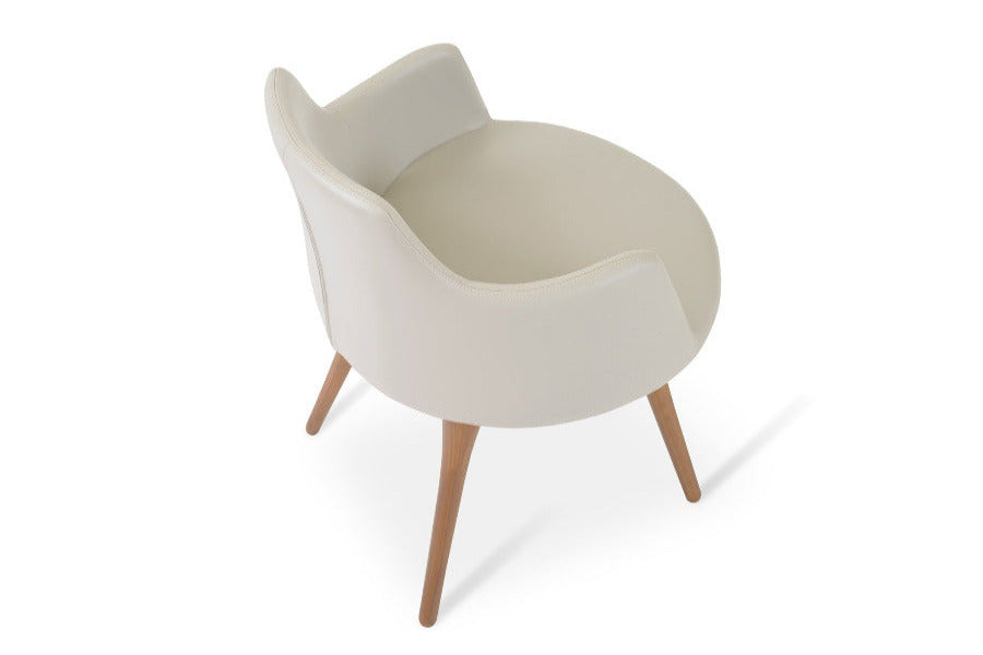 Dervish Wood Dining Chair by SohoConcept, showing angle view in bone leatherette with walnut base finish.