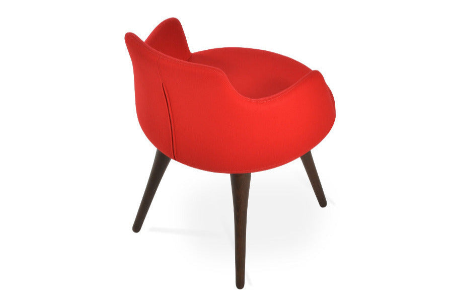 Dervish Wood Dining Chair by SohoConcept, showing angle view in camira blazer candy apple red wool with walnut base finish.