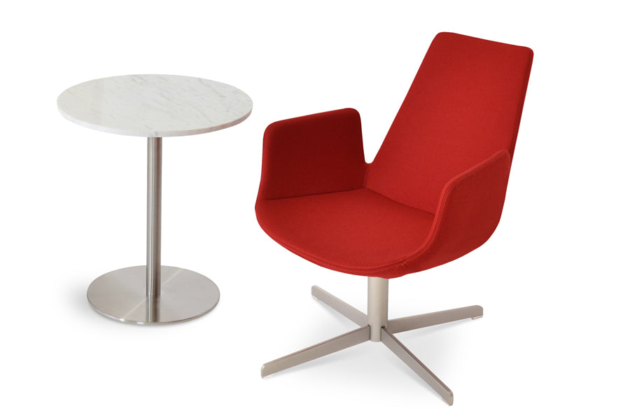 Eiffel Arm 4 Star Swivel Chair by SohoConcept, showing arm 4 star lounge chair in camira blazer red wool and ares marble end table.