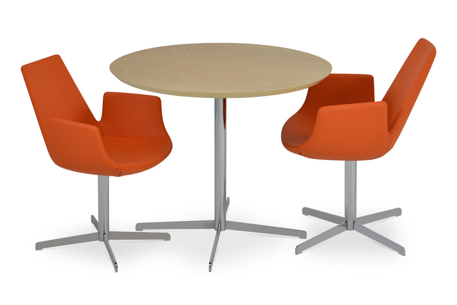Eiffel Arm 4 Star Swivel Chair by SohoConcept, showing two arm 4 star swivel chair in orange ppm and diana dining table in natural ash top.