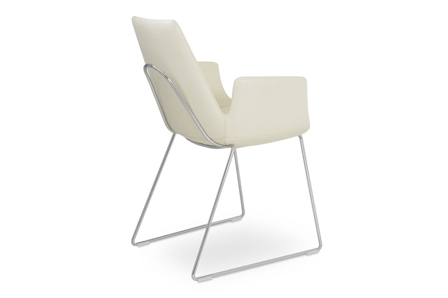 Eiffel Arm Handle Back Chair-Leather by SohoConcept, showing back view of eiffel arm handle back chair in cream genuine leather with chrome wire base.