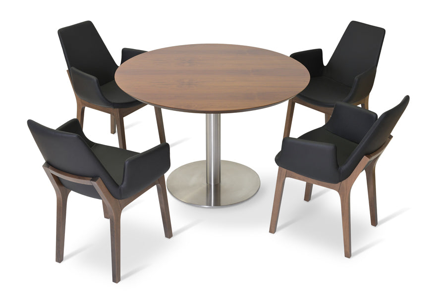 Eiffel Arm Wood Chair by SohoConcept, showing four chairs in black leather and tango dining table.