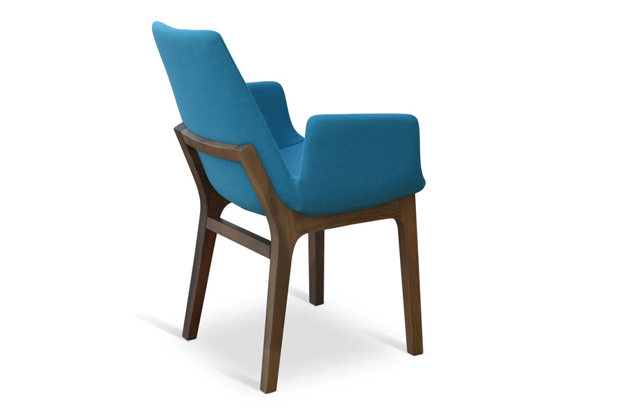 Eiffel Arm Wood Chair by SohoConcept, showing back view in camira blazer turquoise wool with walnut base with strechers.
