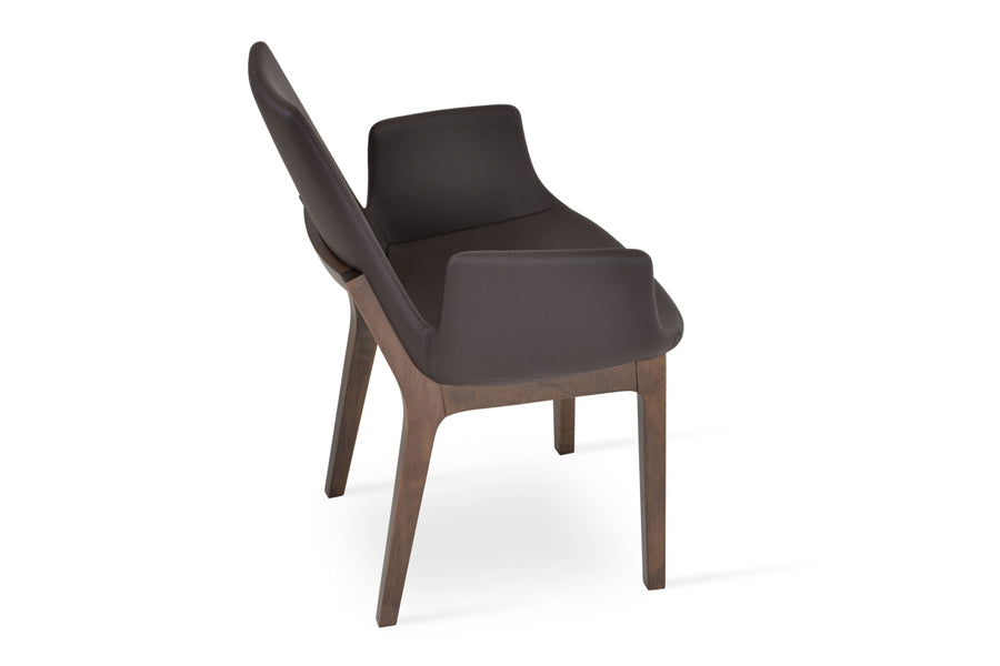 Eiffel Arm Wood Chair by SohoConcept, showing angle view in brown leatherette with walnut base.