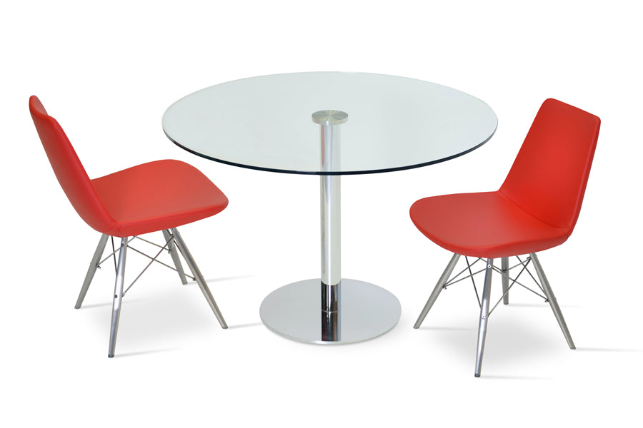 Eiffel MW Dining Chair by SohoConcept, showing mw dining chairs in red ppm with stainless steel base and tango glass dining table.