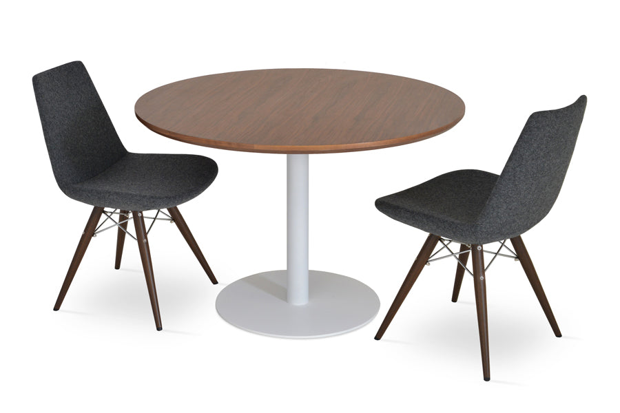 Eiffel MW Dining Chair by SohoConcept, showing two mw dining chairs in camira blazer dark grey wool with walnut veneer steel base and tango dining table in walnut veneer top.