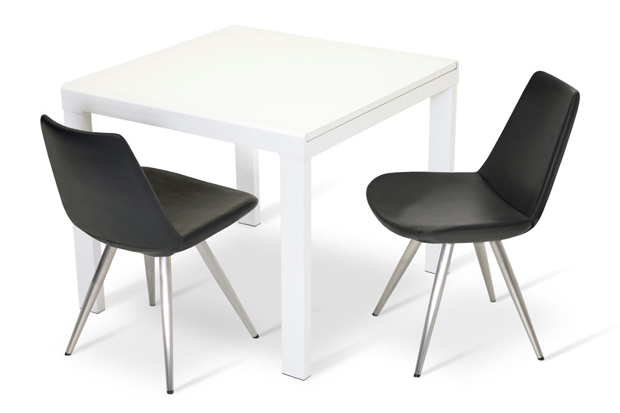 Eiffel Star Chair by SohoConcept, showing star chairs in black genuine leather with stainless steel base and niagara extendable table in white powder.