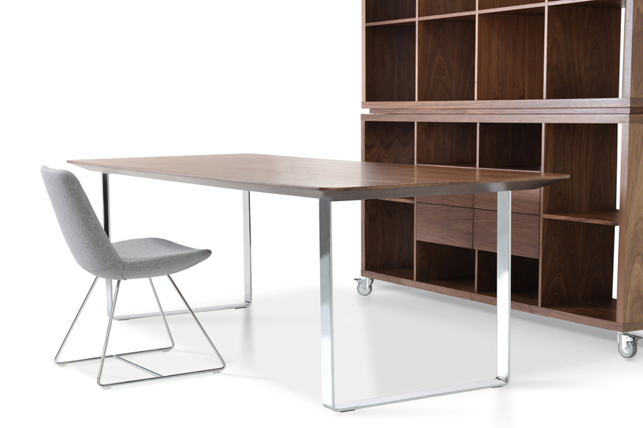 Eiffel Wire Dining Chair-Leather by SohoConcept, showing angle view of wire chair in light grey wool with chrome base, anne dining table and malta bookcase.