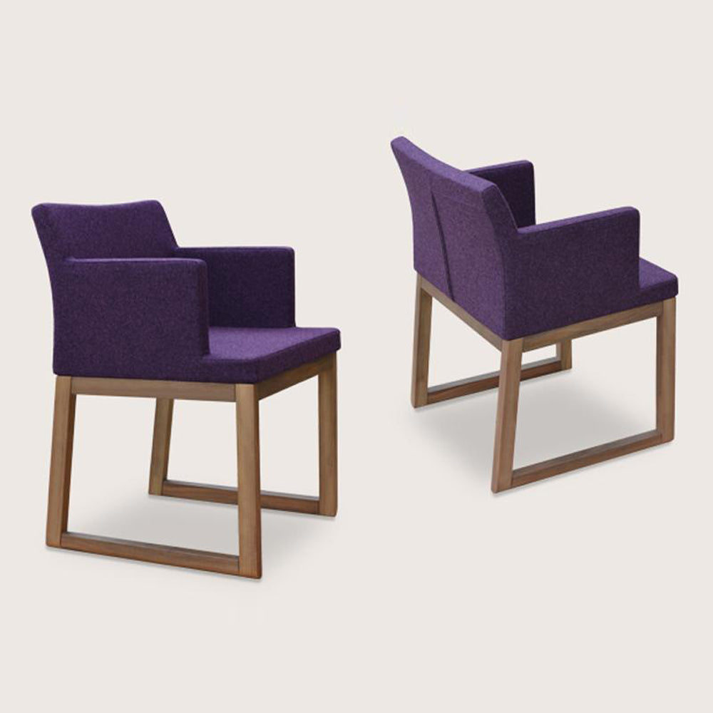 Soho Sled Wood Arm Chair by sohoConcept, shown in deep maroon camira wool.