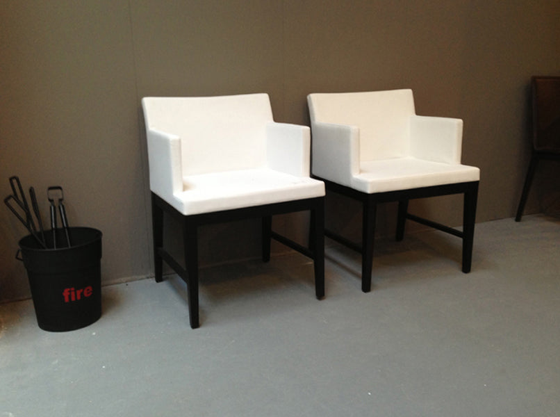 Soho Wood Arm Chair by sohoConcept, shown in white leatherette with solid beech with wenge finish base.