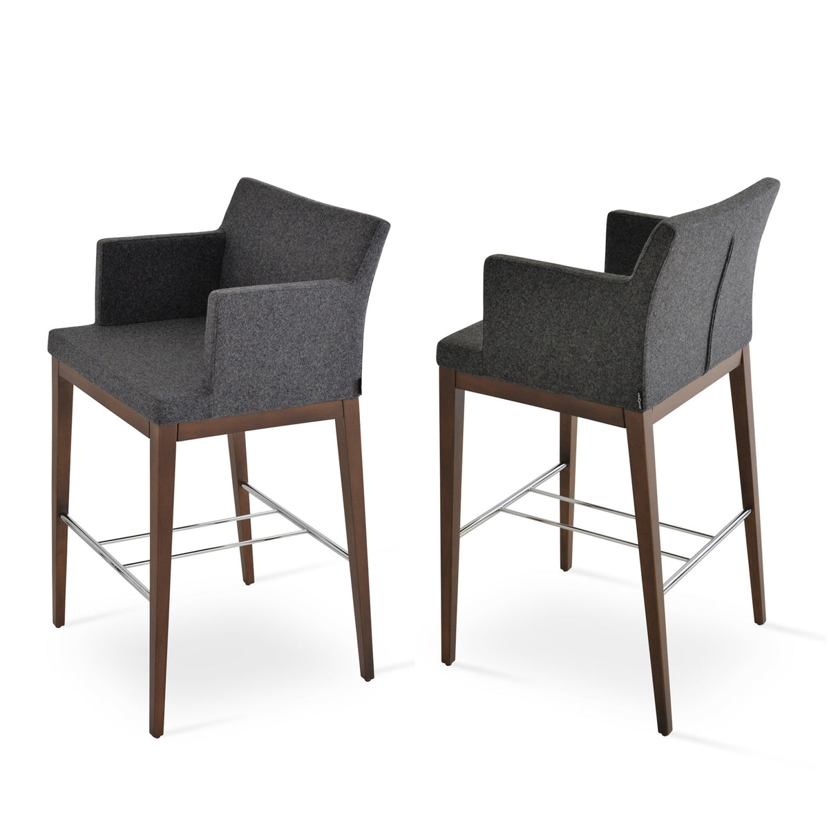 Soho Wood Stool by SohoConcept, showing angle view of wood counter/bar stools in camira blazer dark grey wool.