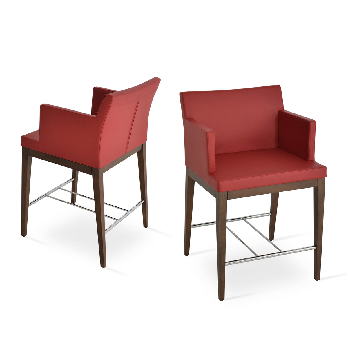Soho Wood Stool by SohoConcept, showing angle view of wood counter/bar stools in red leatherette.