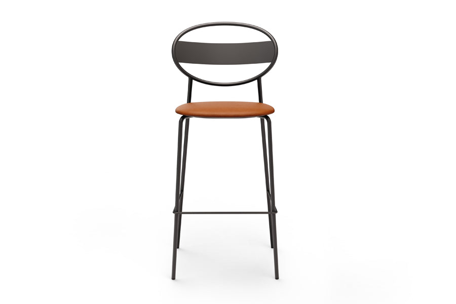 Sole Stools by B&T, showing front view of sole stools in camel new king eco-leather.