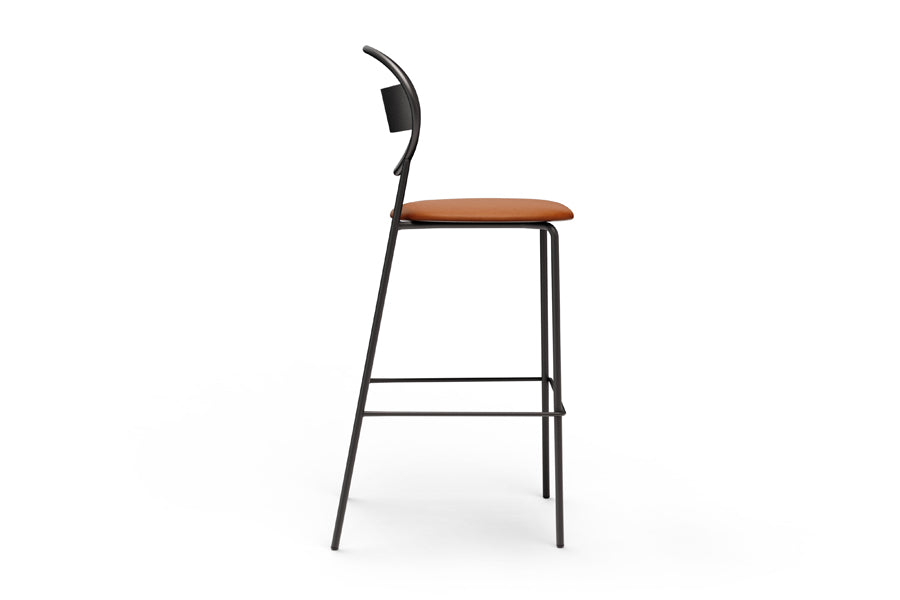 Sole Stools by B&T, showing side view of sole stools in camel new king eco-leather.