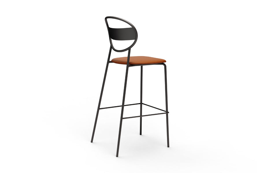 Sole Stool by B&T, showing back angle view of sole stools in camel new king eco-leather.