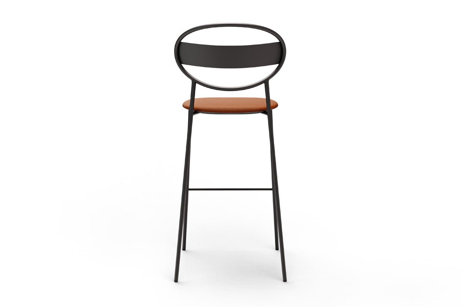 Sole Stools by B&T, showing back view of sole stools in camel new king eco-leather.