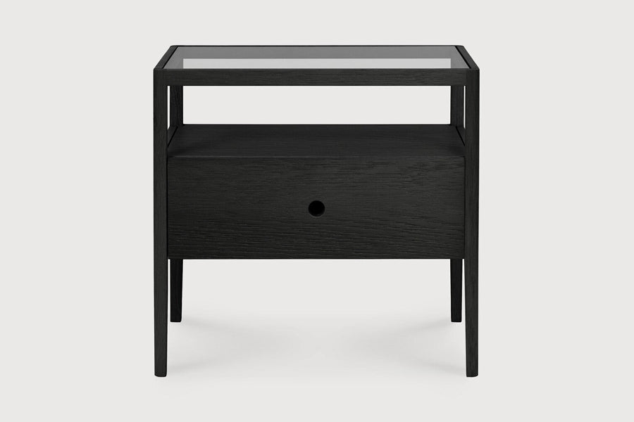 Spindle Bedside Table by Ethnicraft, showing front view of spindle bedside table in studio shot.