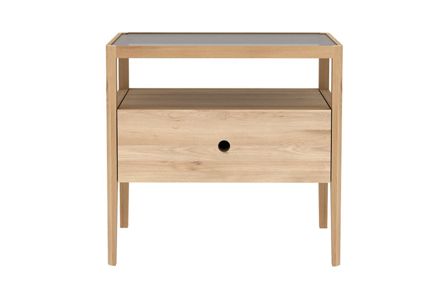 Spindle Bedside Table by Ethnicraft, showing front view of spindle bedside table in oak wood.