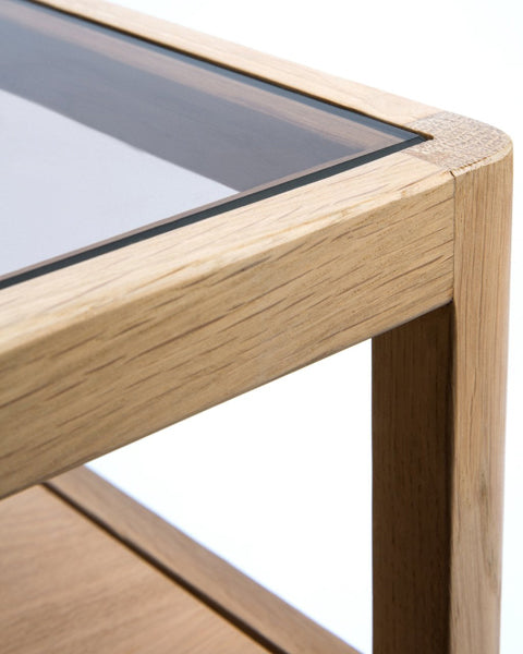Spindle Bedside Table by Ethnicraft, showing closeup view of spindle bedside table in oak wood.