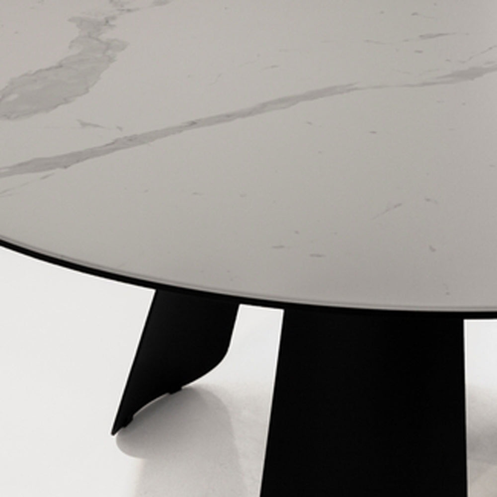 Palazzo Dining Table by Mobital, showing closeup view of palazzo round dining table in round/white ceramic/black powder coated with chair.