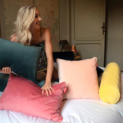Square Velvet Accent Pillow by Fatboy, showing square velvet accent pillow in the live shot.