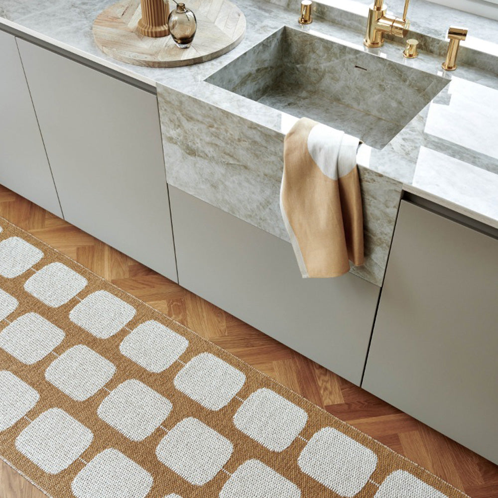 Sten Ochre & Vanilla Runner Rug by Pappelina, showing sten ochre & vanilla runner rug in live shot.