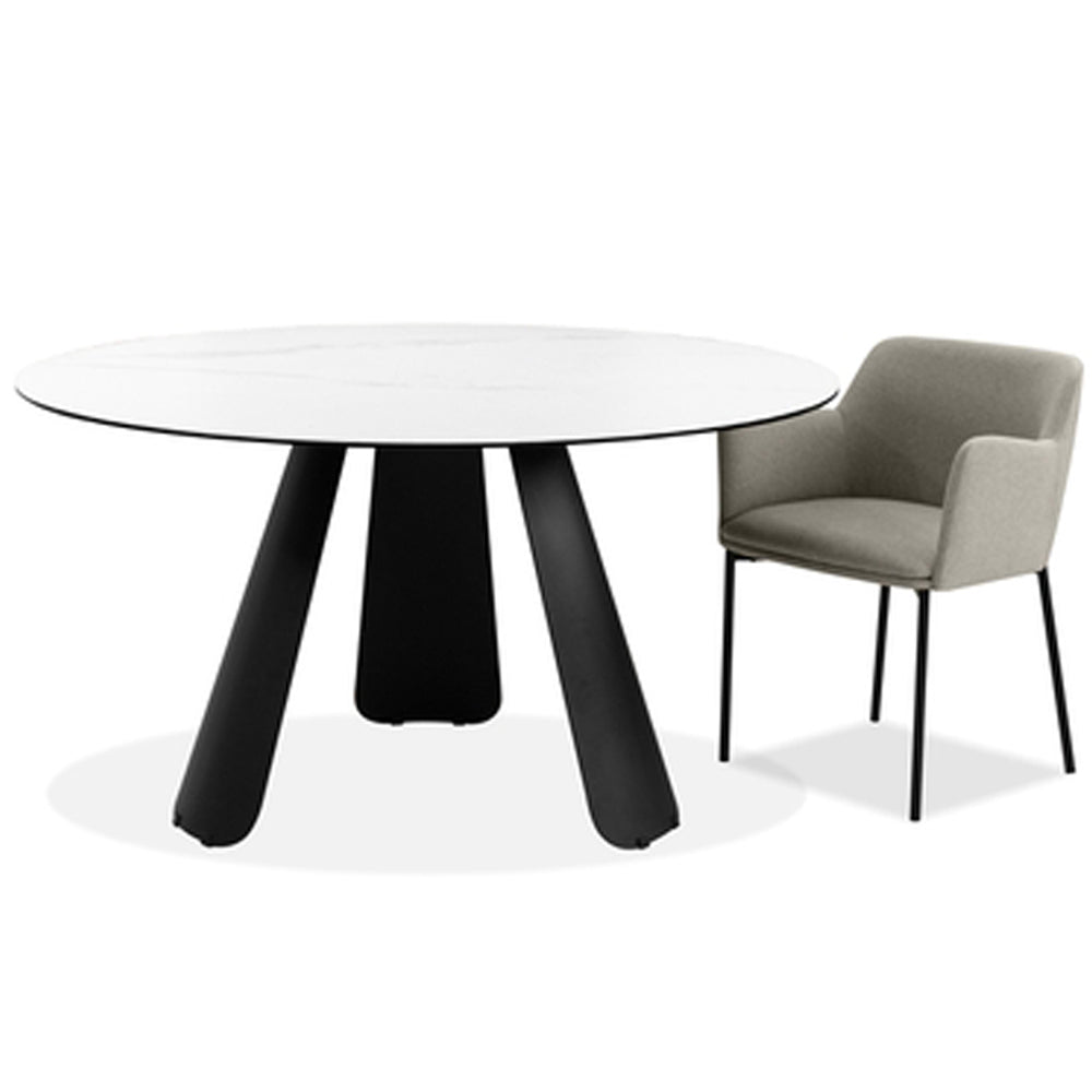 Palazzo Dining Table by Mobital, showing palazzo round dining table in round/white ceramic/black powder coated with chair.