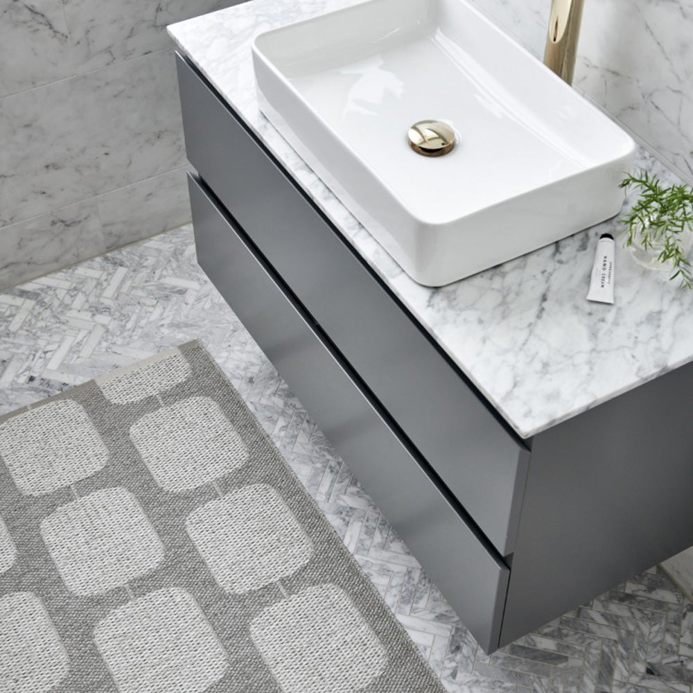 Sten Warm Grey & Fossil Grey Runner Rug by Pappelina, showing sten warm grey & fossil grey runner rug in live shot.