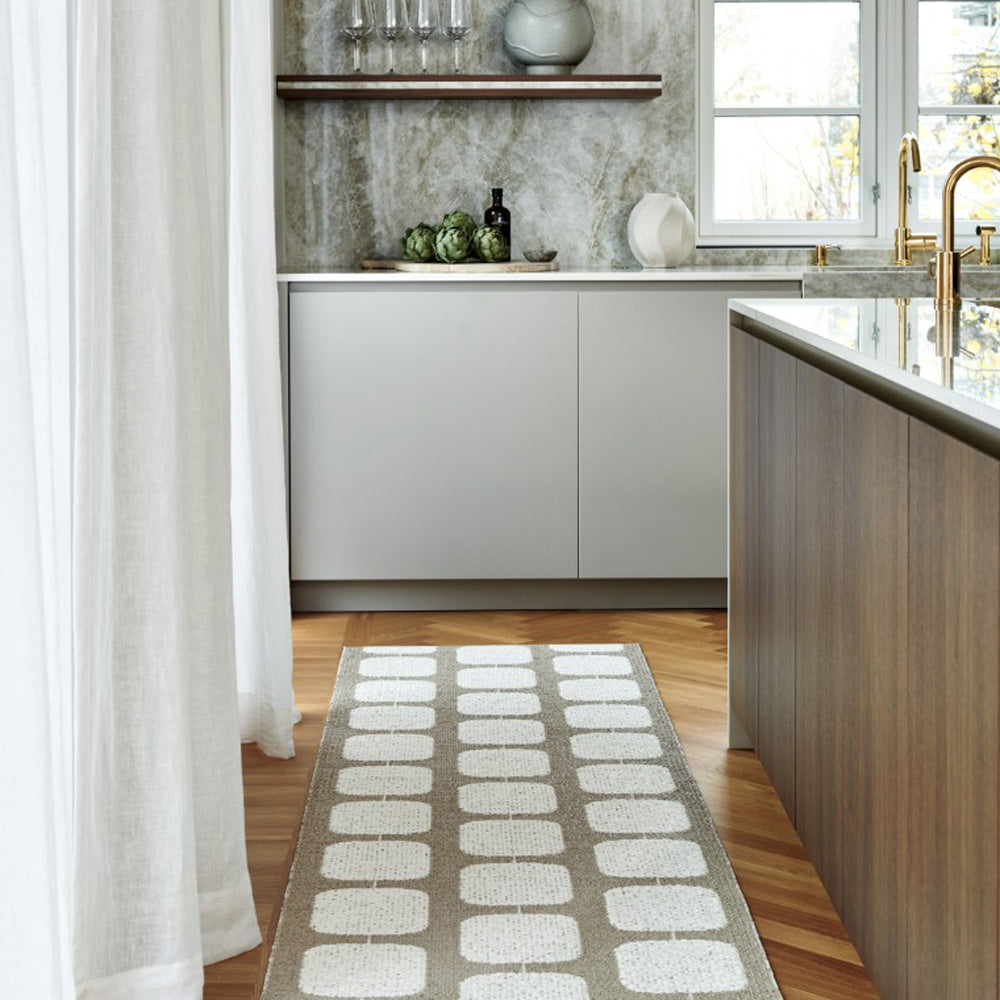 Sten Light Nougat & Vanilla Runner Rug by Pappelina, showing sten light nougat & vanilla runner rug in live shot.