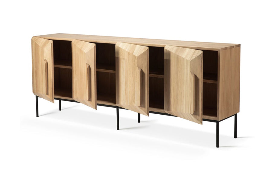 Stairs Sideboard by Ethnicraft, showing angle view of stairs sideboard in oak wood/79" 4 doors.
