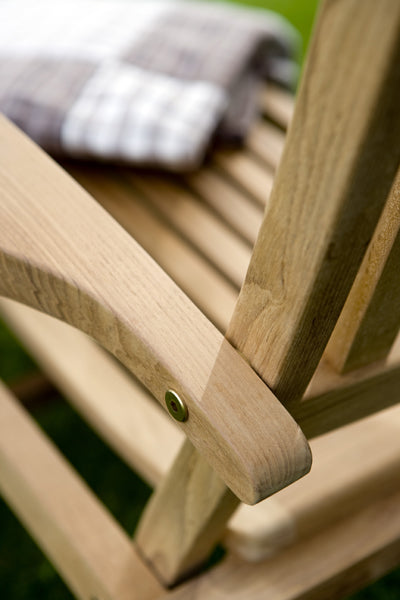 Steamer Deck Chair by Skagerak, showing closeup view of steamer deck chair in live shot.