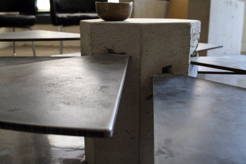 James De Wulf Steel Fan Coffee Table by De Wulf, showing closeup view of steel fan coffee table in live shot.
