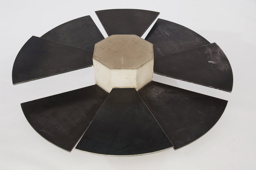 James De Wulf Steel Fan Coffee Table by De Wulf, showing top view of steel fan coffee table in natural tone concrete/steel plates.