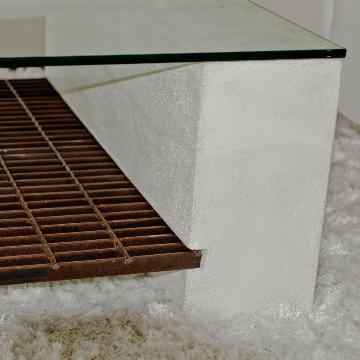 James De Wulf Steel Grating Coffee Table by De Wulf, showing closeup view of steel grating coffee table in live shot.