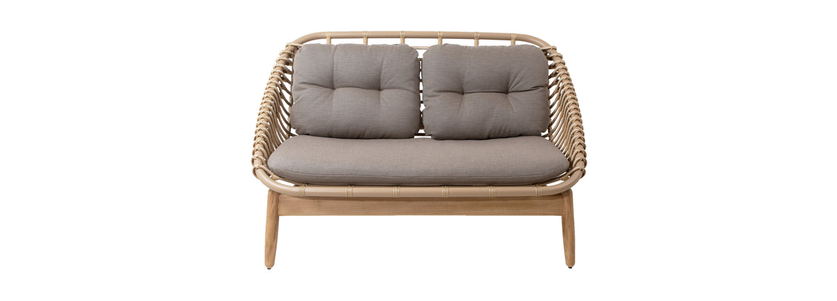 Strington Outdoor Teak 2-Seater Sofa by Cane-Line, showing front view of strington outdoor teak 2-seater sofa in natural weave/taupe airtouch cushion set.