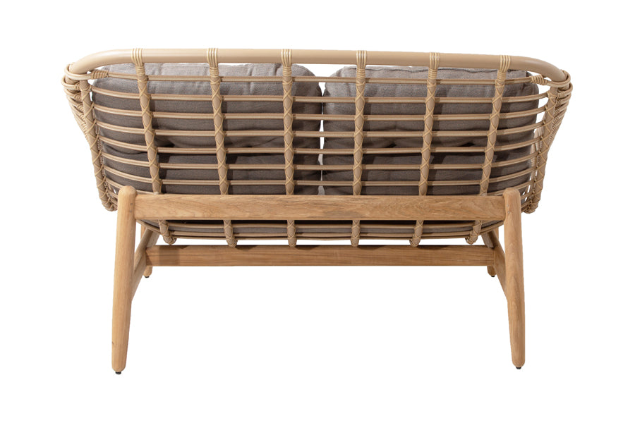 Strington Outdoor Teak 2-Seater Sofa by Cane-Line, showing back view of strington outdoor teak 2-seater sofa in natural weave/taupe airtouch cushion set.