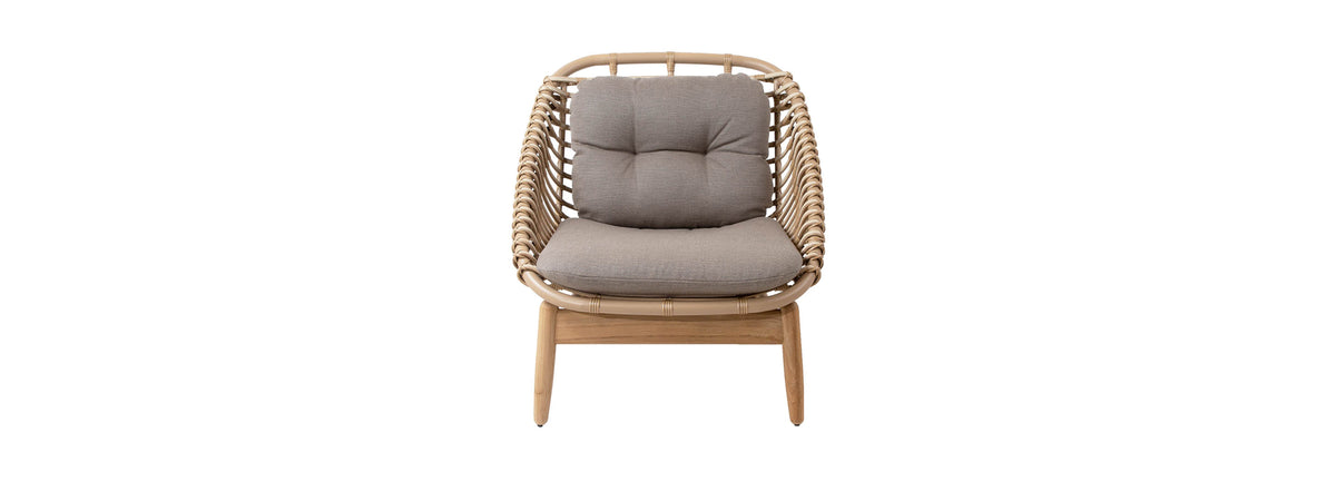 Strington Outdoor Teak Lounge Chair by Cane-Line, showing front view of strington outdoor teak lounge chair in natural weave/taupe airtouch cushion set.
