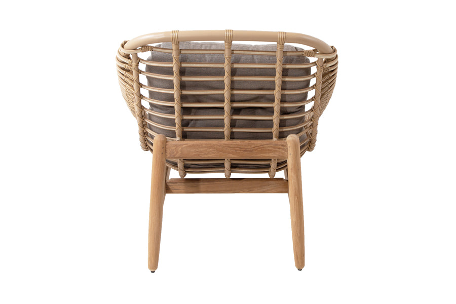 Strington Outdoor Teak Lounge Chair by Cane-Line, showing back view of strington outdoor teak lounge chair in natural weave/taupe airtouch cushion set.