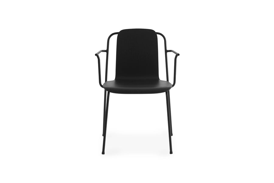 Studio Armchair by Normann Copenhagen, showing front view of studio armchair in black painted lacquered ash veneer wood shell.