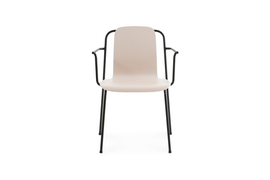 Studio Armchair by Normann Copenhagen, showing front view of studio armchair in light grey painted lacquered ash veneer wood shell.